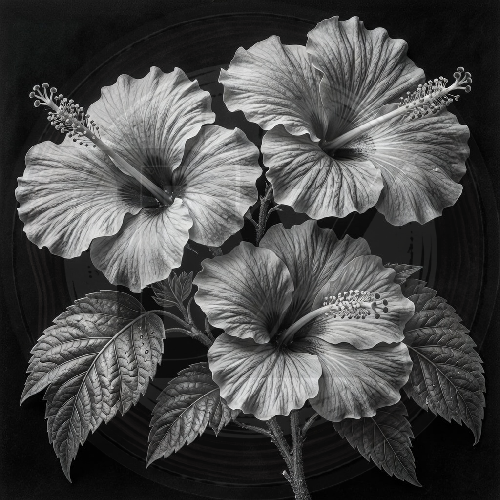 Black and white illustration of three hibiscus flowers with detailed leaves on a dark background