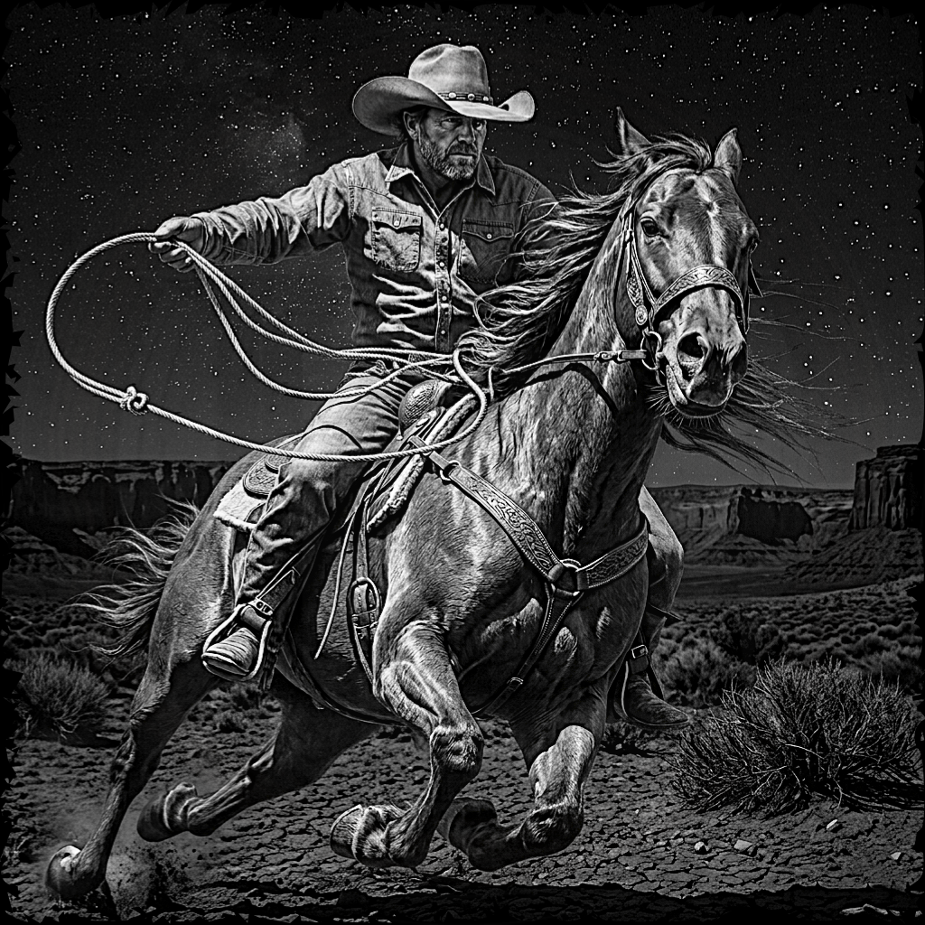 Cowboy on horseback with a lasso against a starry night sky