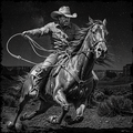 Cowboy on horseback with a lasso against a starry night sky