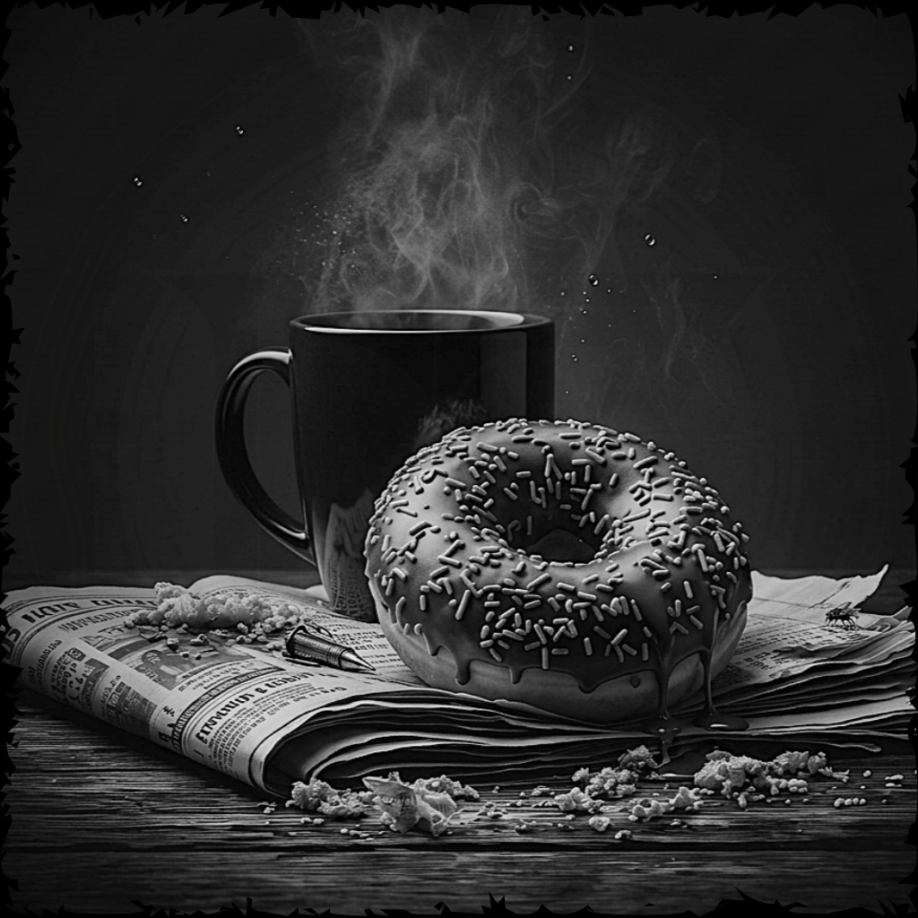 Black and white still life with a steaming mug, donut, and newspaper on a dark background