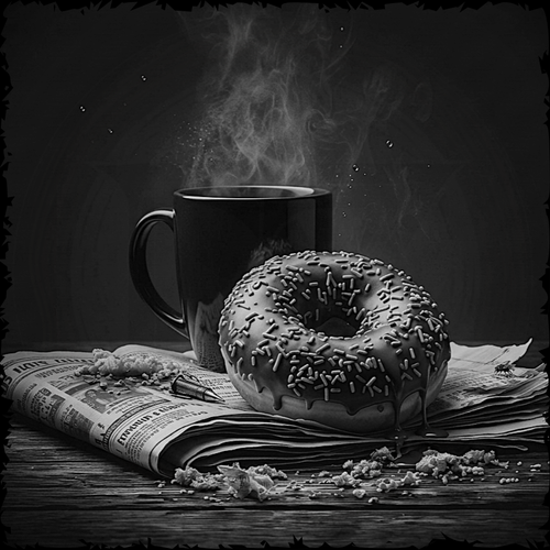 Black and white still life with a steaming mug, donut, and newspaper on a dark background