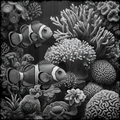 Black and white illustration of clownfish and coral