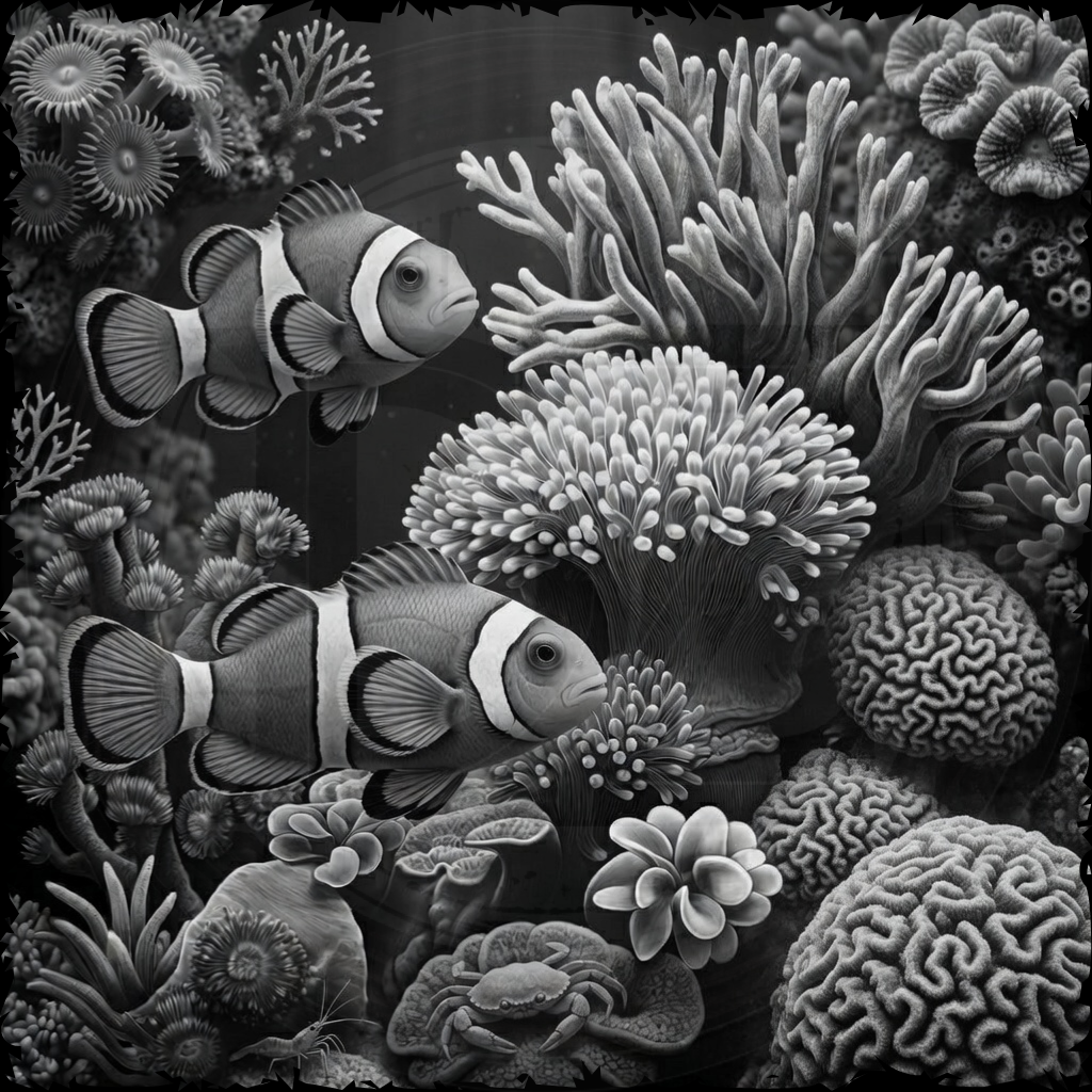 Black and white illustration of clownfish and coral