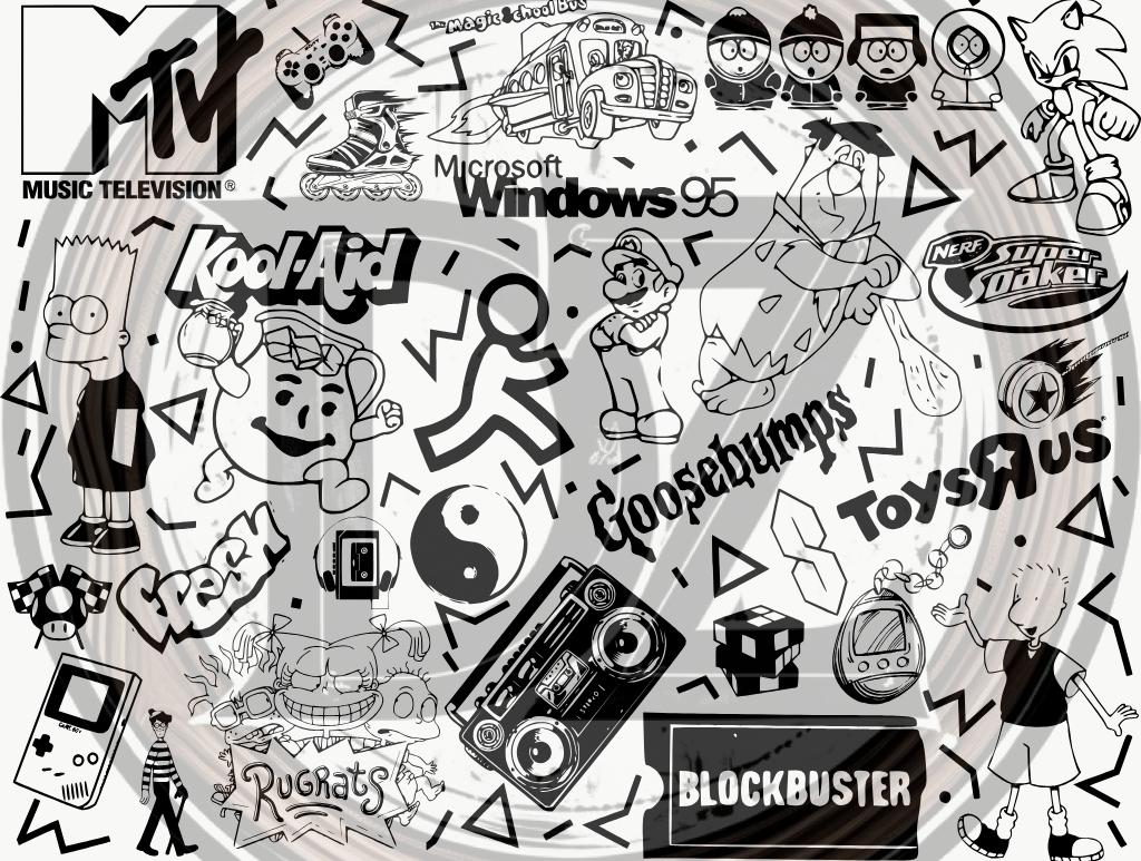 Circular collage of various retro logos and icons including MTV, Kool-Aid, Windows 95, and Blockbuster.