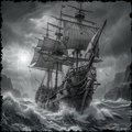 Vintage ship sailing through rough seas with a stormy sky.