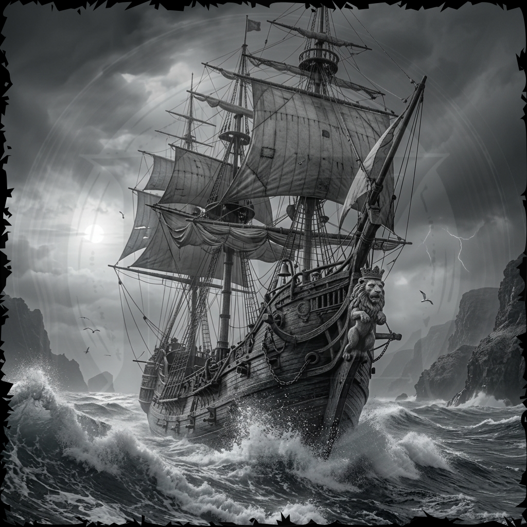 Vintage ship sailing through rough seas with a stormy sky.