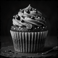 Black and white cupcake with decorative frosting on a dark background