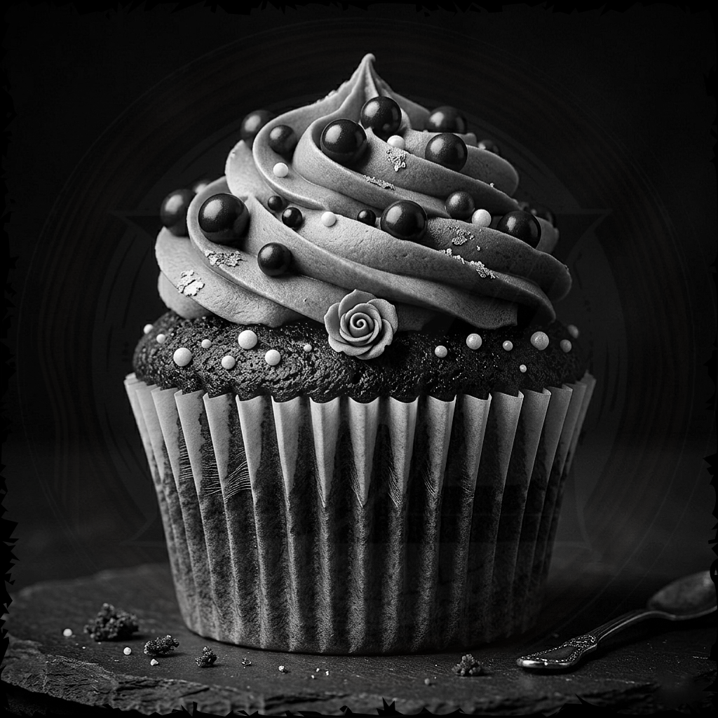 Black and white cupcake with decorative frosting on a dark background