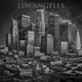 Black and white illustration of a cityscape with 'Los Angeles' text at the top.