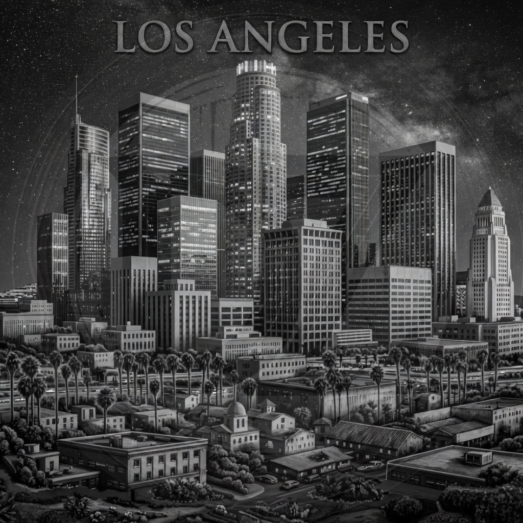 Black and white illustration of a cityscape with 'Los Angeles' text at the top.