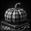Plaid-patterned pumpkin on a book with leaves and acorns in a black and white still life arrangement.
