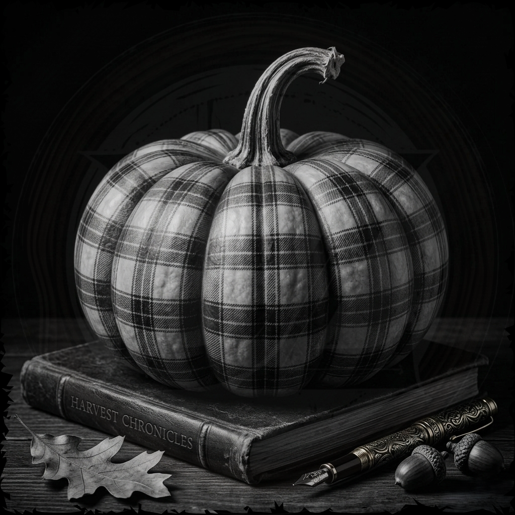 Plaid-patterned pumpkin on a book with leaves and acorns in a black and white still life arrangement.