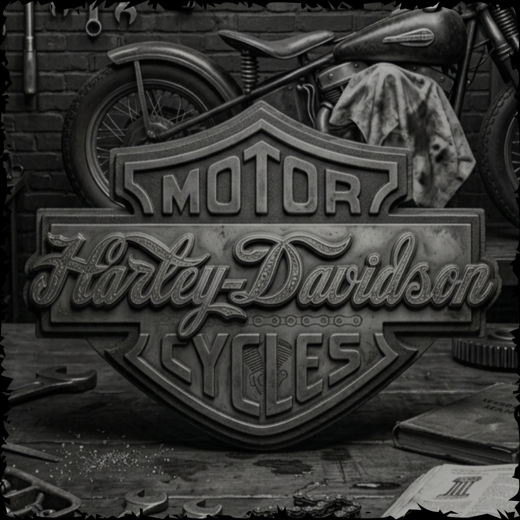 Harley-Davidson logo with a vintage motorcycle and tools in the background