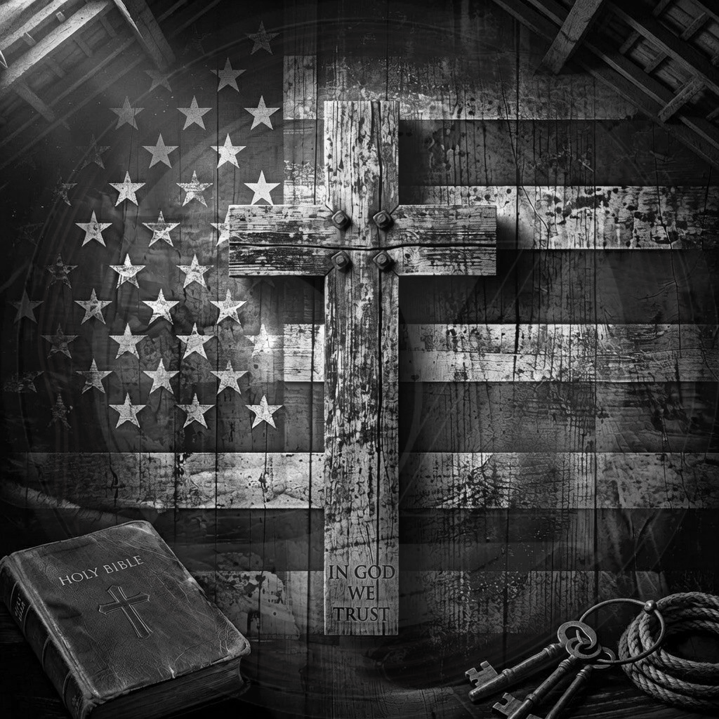 Wooden cross on an American flag with a Bible and keys in the foreground.
