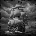 Pirate ship with a skull flag on a stormy sea, castle in the background