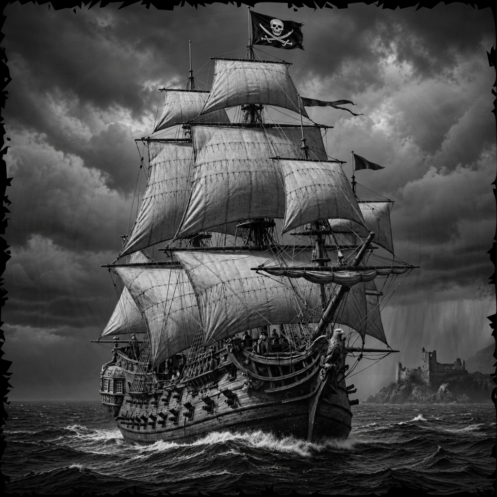 Pirate ship with a skull flag on a stormy sea, castle in the background