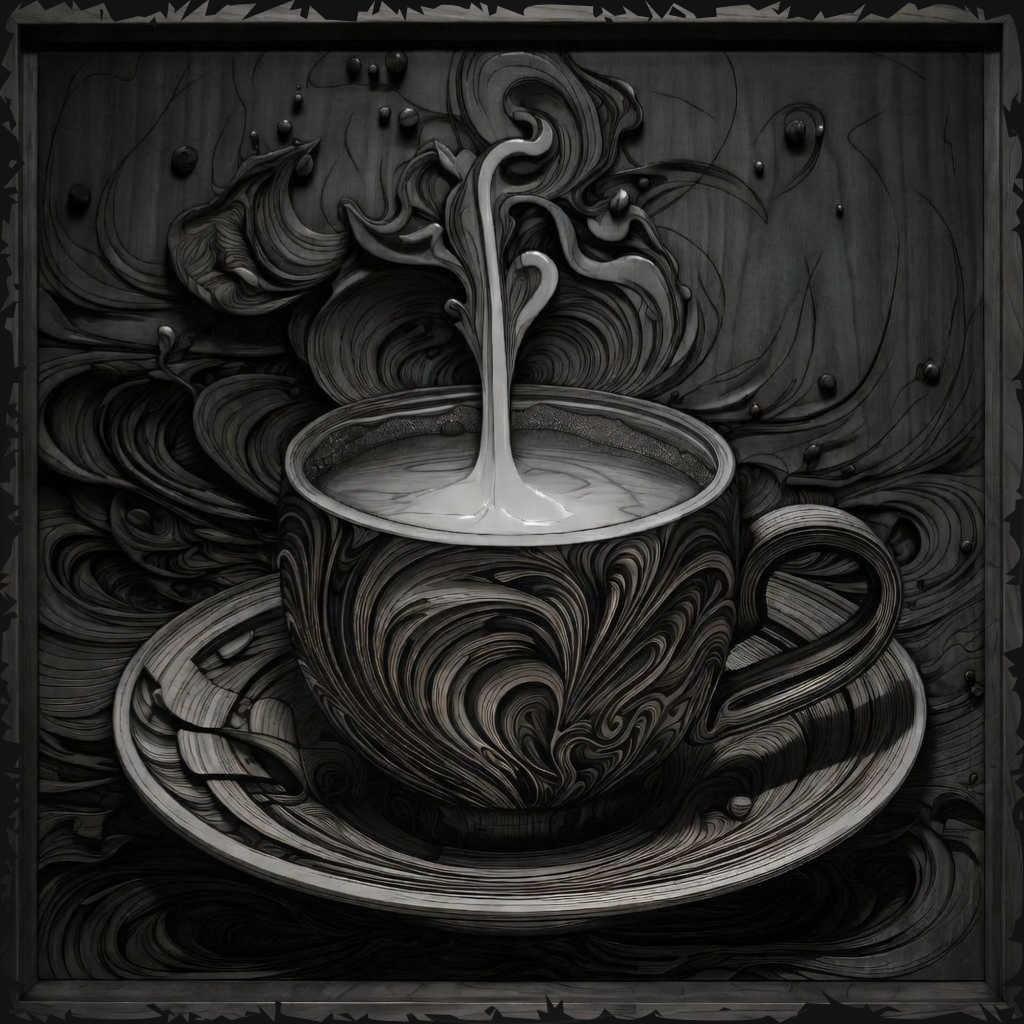 Black and white illustration of a swirling cup and saucer with abstract design elements.
