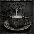Black and white illustration of a swirling cup and saucer with abstract design elements.