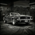 Vintage Chevrolet muscle car in a garage with tools and 'Chevy Power' sign.