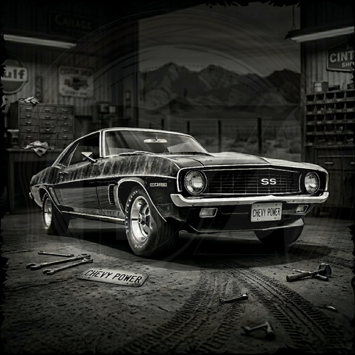 Vintage Chevrolet muscle car in a garage with tools and 'Chevy Power' sign.