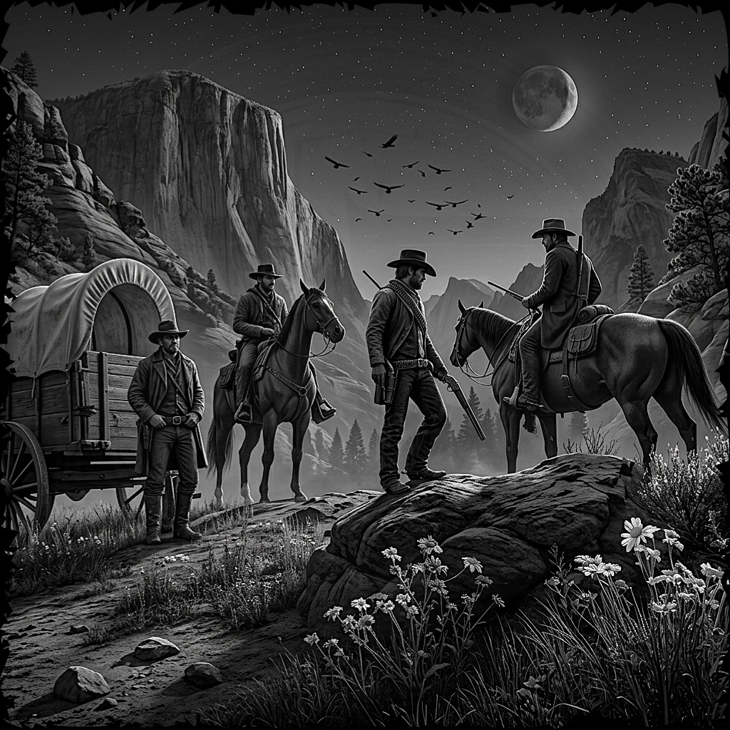Black and white illustration of cowboys on horseback and with a wagon in a mountainous landscape under a full moon.