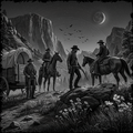 Black and white illustration of cowboys on horseback and with a wagon in a mountainous landscape under a full moon.
