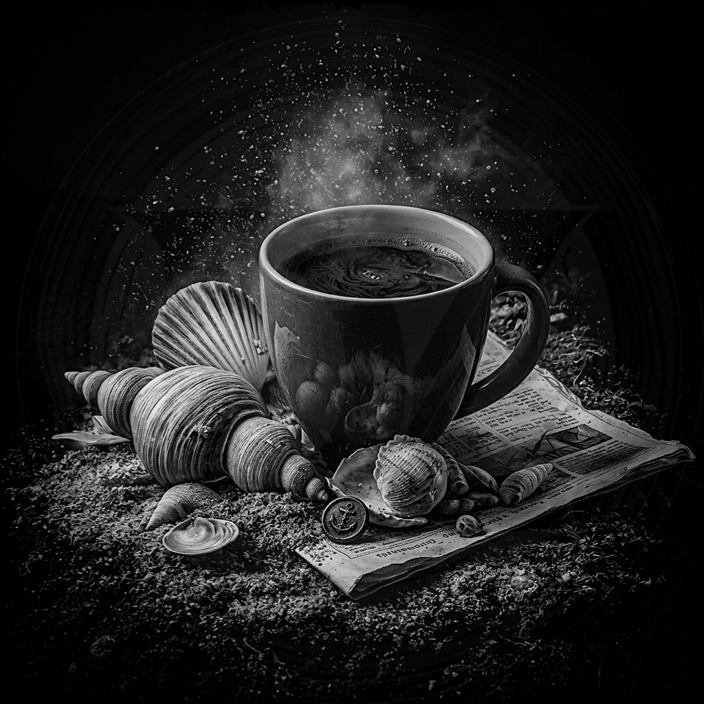Black and white still life with a mug of coffee, seashells, and a newspaper on a dark surface.