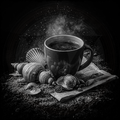 Black and white still life with a mug of coffee, seashells, and a newspaper on a dark surface.