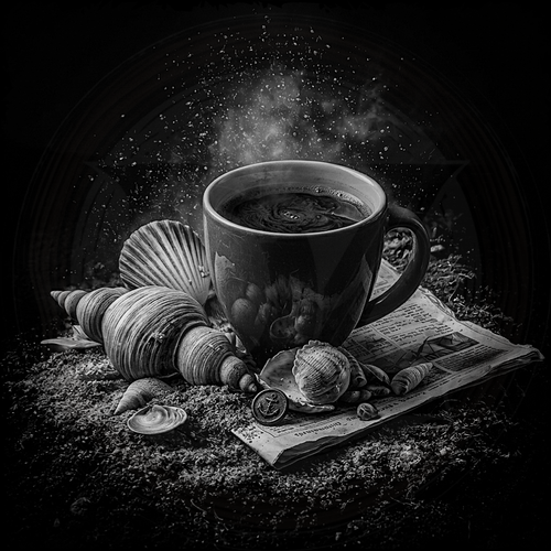 Black and white still life with a mug of coffee, seashells, and a newspaper on a dark surface.