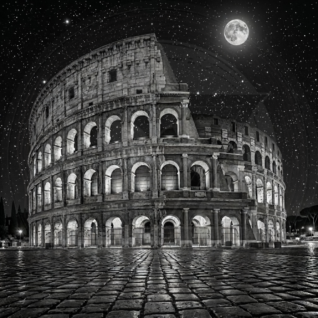 Colosseum under a night sky with a full moon