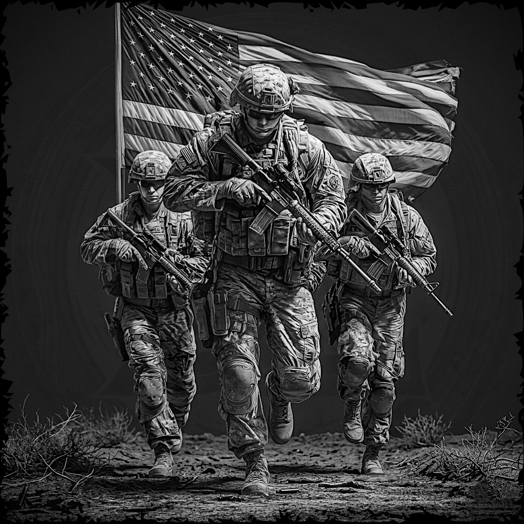 Three soldiers running with an American flag in a desert setting
