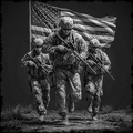 Three soldiers running with an American flag in a desert setting