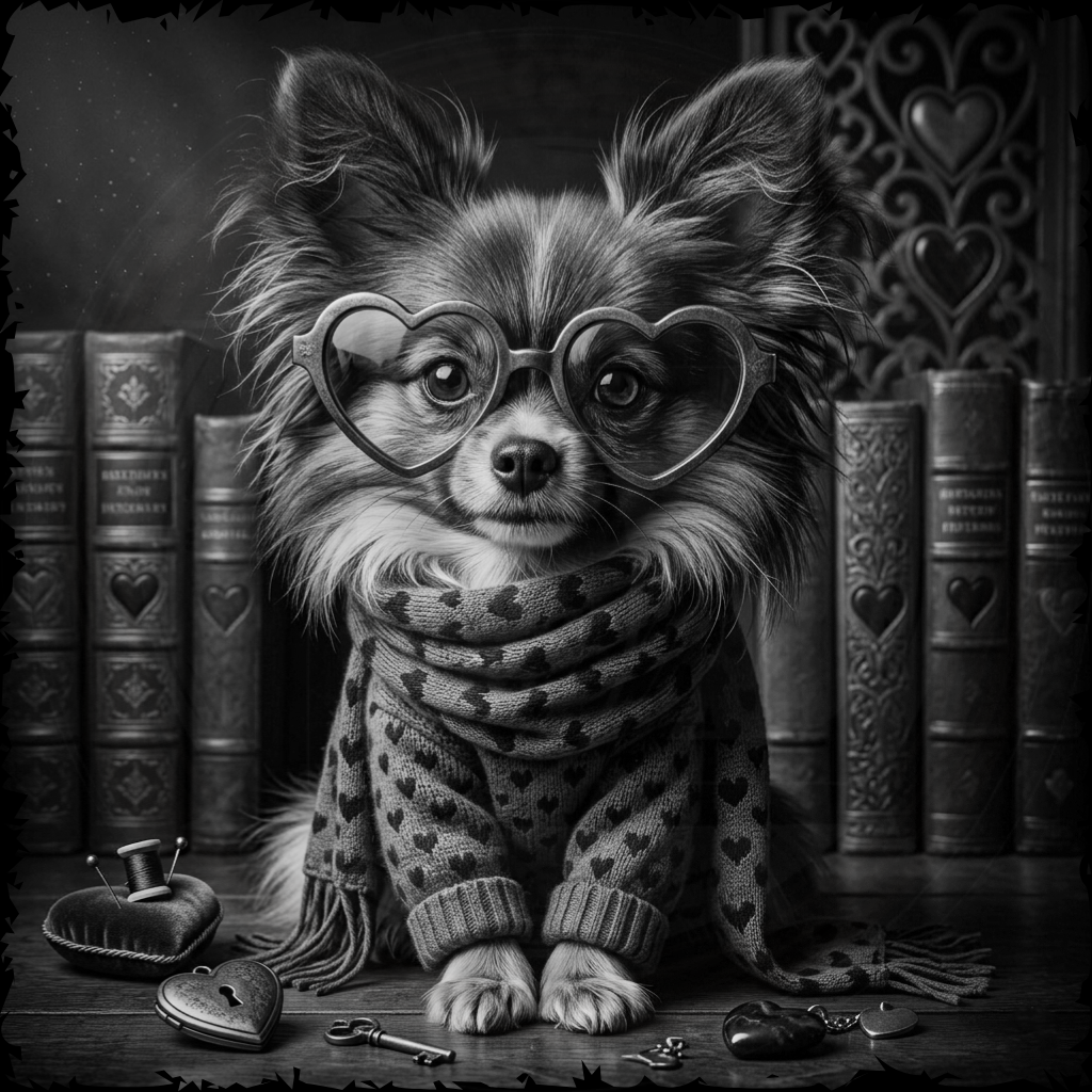 Dog wearing heart-shaped glasses and a matching scarf in a room with books and decorative items.