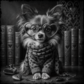 Dog wearing heart-shaped glasses and a matching scarf in a room with books and decorative items.