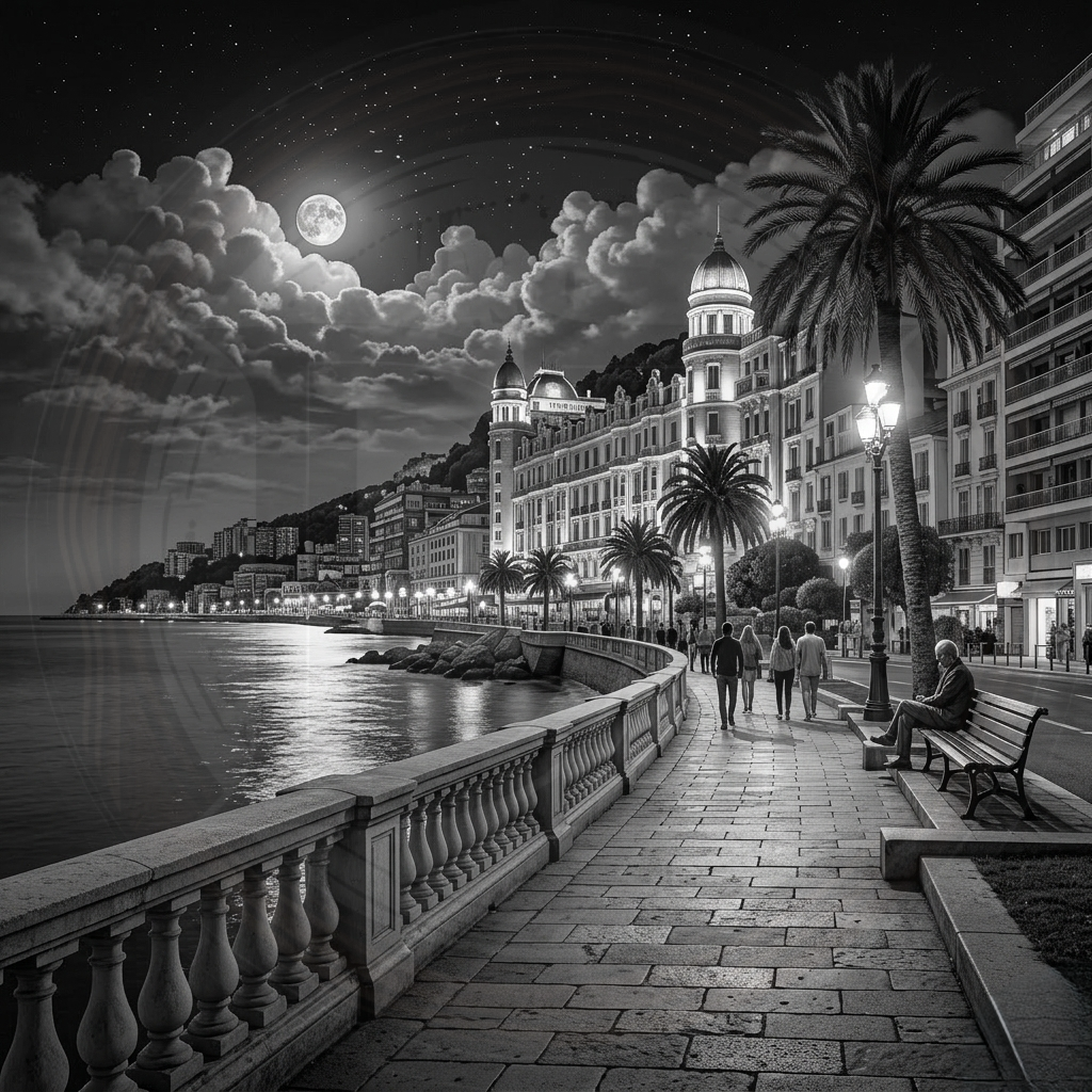 Black and white night scene of a coastal promenade with palm trees and buildings.
