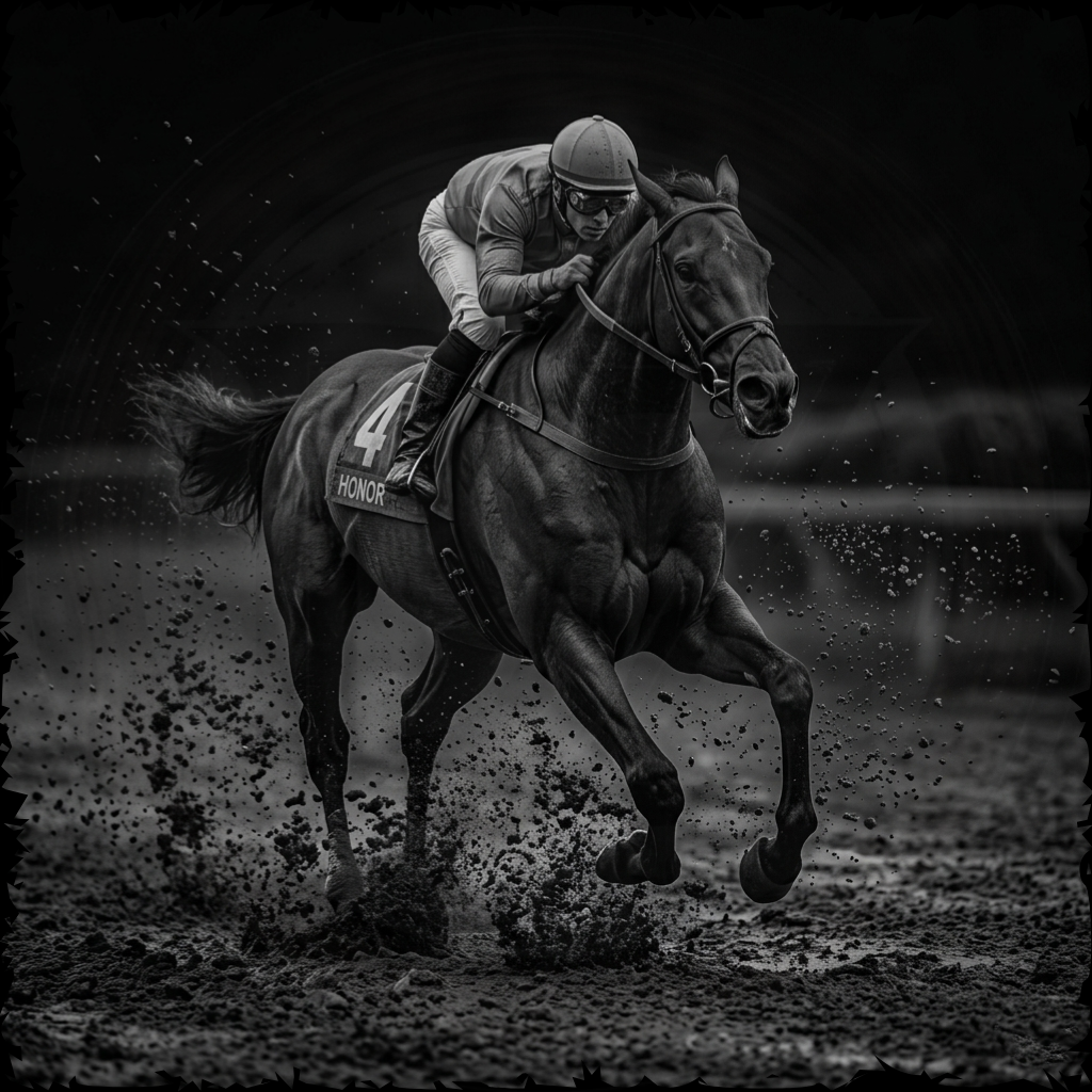 Horse racing on a track with a jockey in a dark setting