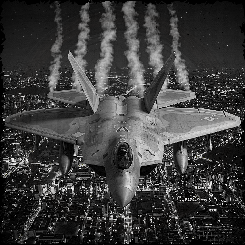 Fighter jet flying over a cityscape with smoke trails