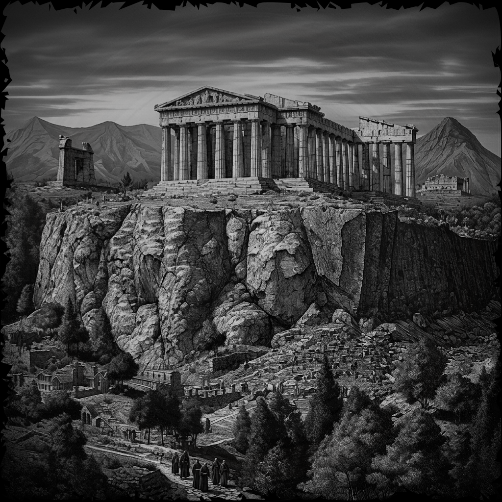 Black and white illustration of an ancient temple on a rocky outcrop with mountains in the background.