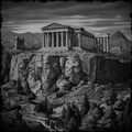 Black and white illustration of an ancient temple on a rocky outcrop with mountains in the background.