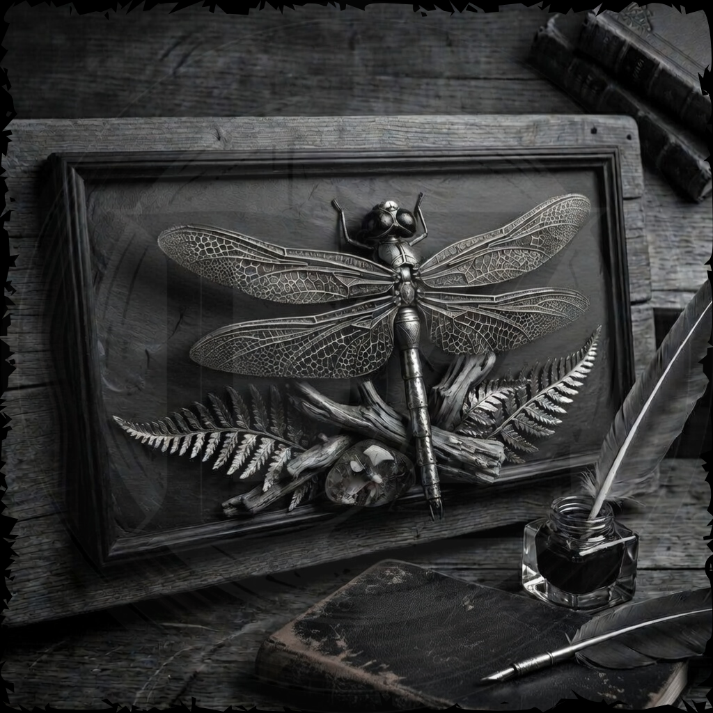 Wooden relief sculpture of a dragonfly on a wooden surface with books and an inkwell.