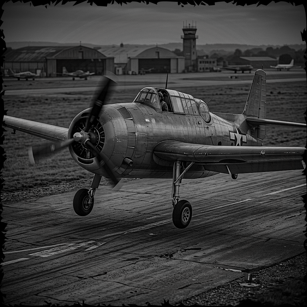 Vintage airplane on a runway with control tower in the background
