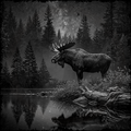 Moose standing by a lake with trees in the background