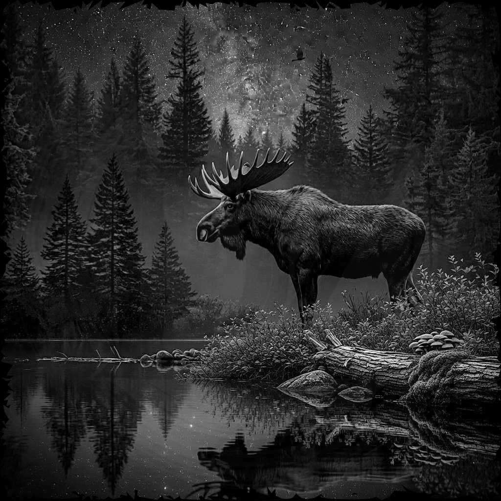 Moose standing by a lake with trees in the background
