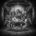 Black and white nativity scene with Mary, Joseph, and baby Jesus surrounded by angels and cherubs.