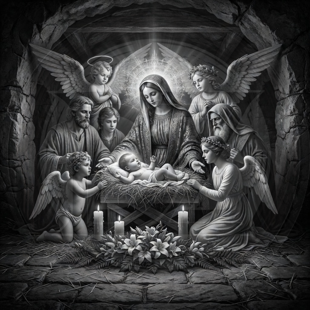 Black and white nativity scene with Mary, Joseph, and baby Jesus surrounded by angels and cherubs.