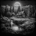 Wooden cabin in a forest with a full moon and mountains in the background