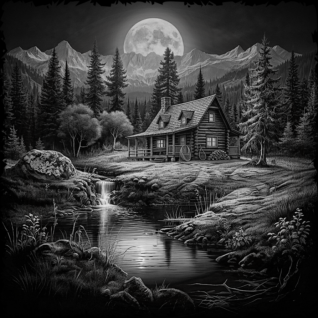 Wooden cabin in a forest with a full moon and mountains in the background