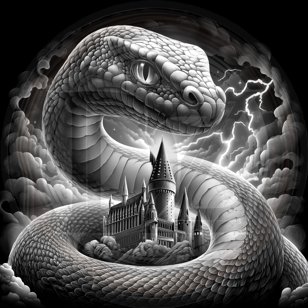 Large snake coiled around a castle with a dark, stormy sky background