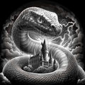 Large snake coiled around a castle with a dark, stormy sky background