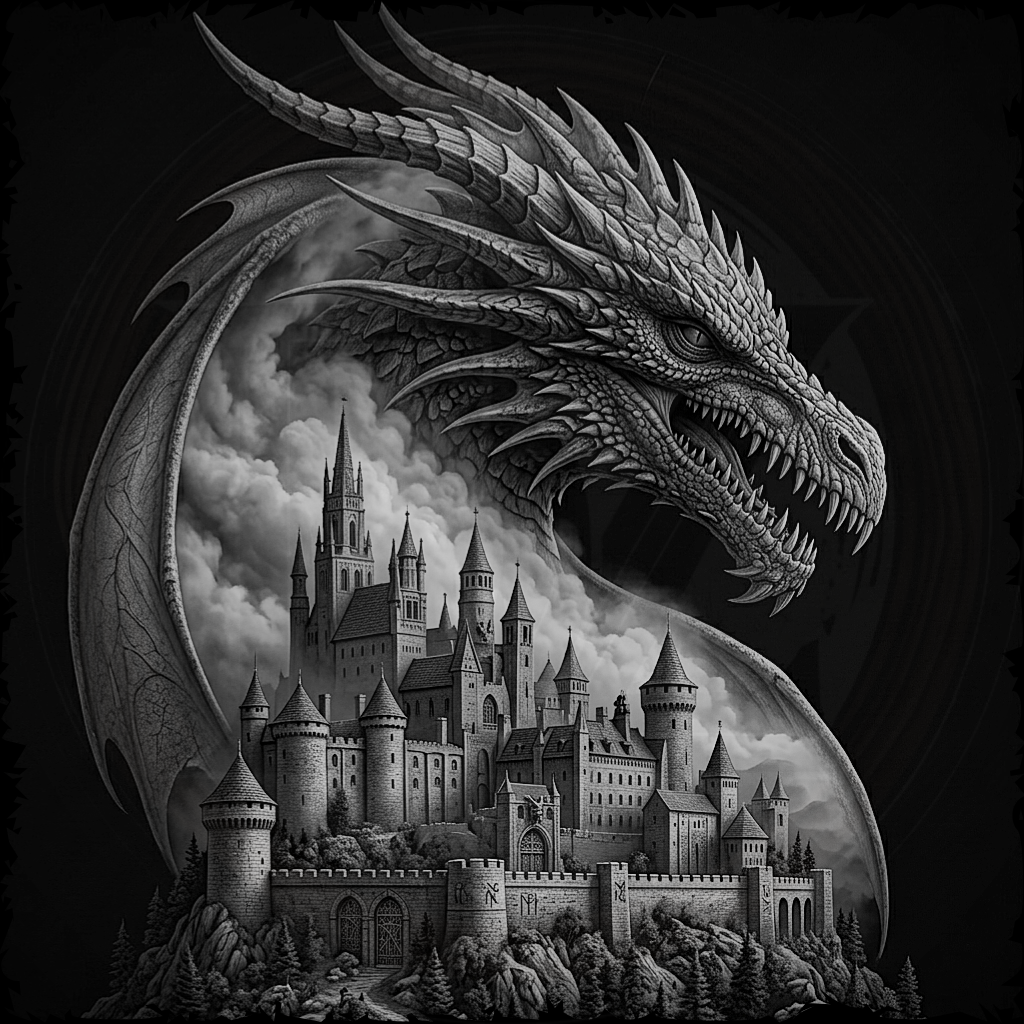 Dragon with a castle in its mouth on a black background